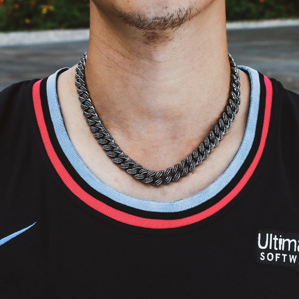12 мм Bling Iced Out Майами кубинская звено цепи черный 18/20 дюймов ожерелье с Cz микро-набор Высокое качество раппер цепи хип хоп ювелирные изделия