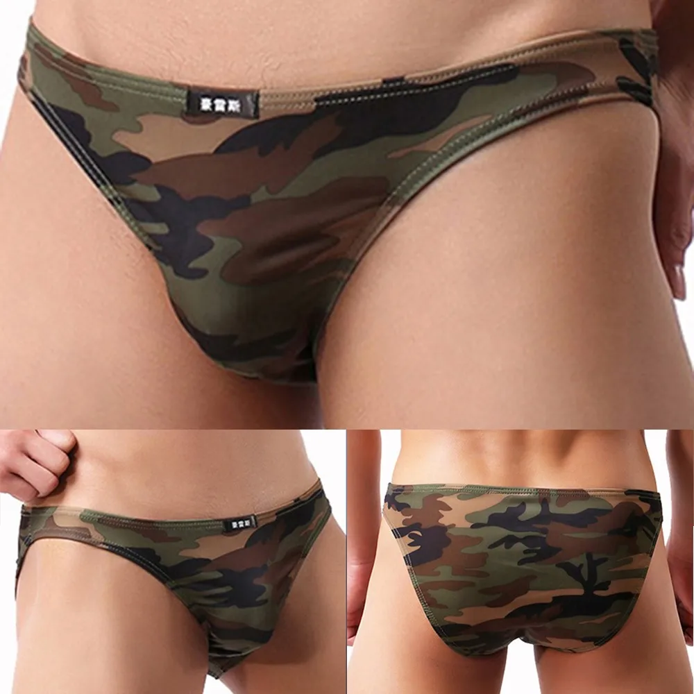 

Men Briefs Sexy G-String Camouflage Breathable Pouch T-Back Mini Bikini Underwear Solid Color Low Rise Underpants Male