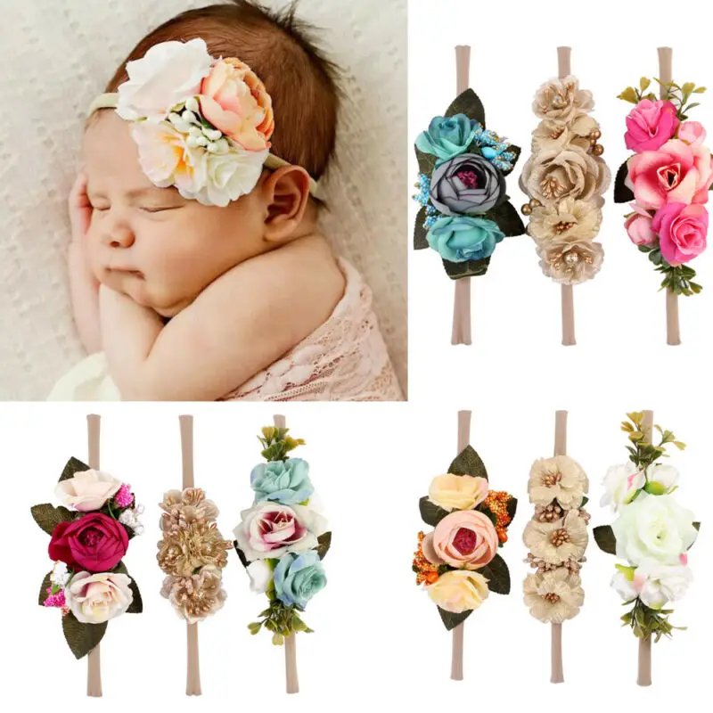 Baby Girl Various Flower Hairband Soft Elastic Headband Hair Accessories Band 3Pcs Newborn Girls Photography Props | Детская одежда и