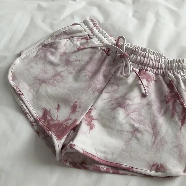 

Retro washed tie-dye print thin wide-leg casual shorts running sports hot pants beach pants women a-line hot pants