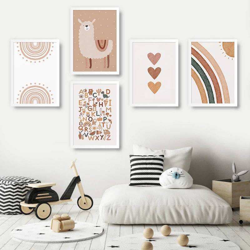 

Abstract Painting Alpaca Canvas Print Rainbow Poster Nursery Alphabet Heart Boho Wall Art Pictures Baby Kids Room Decoration