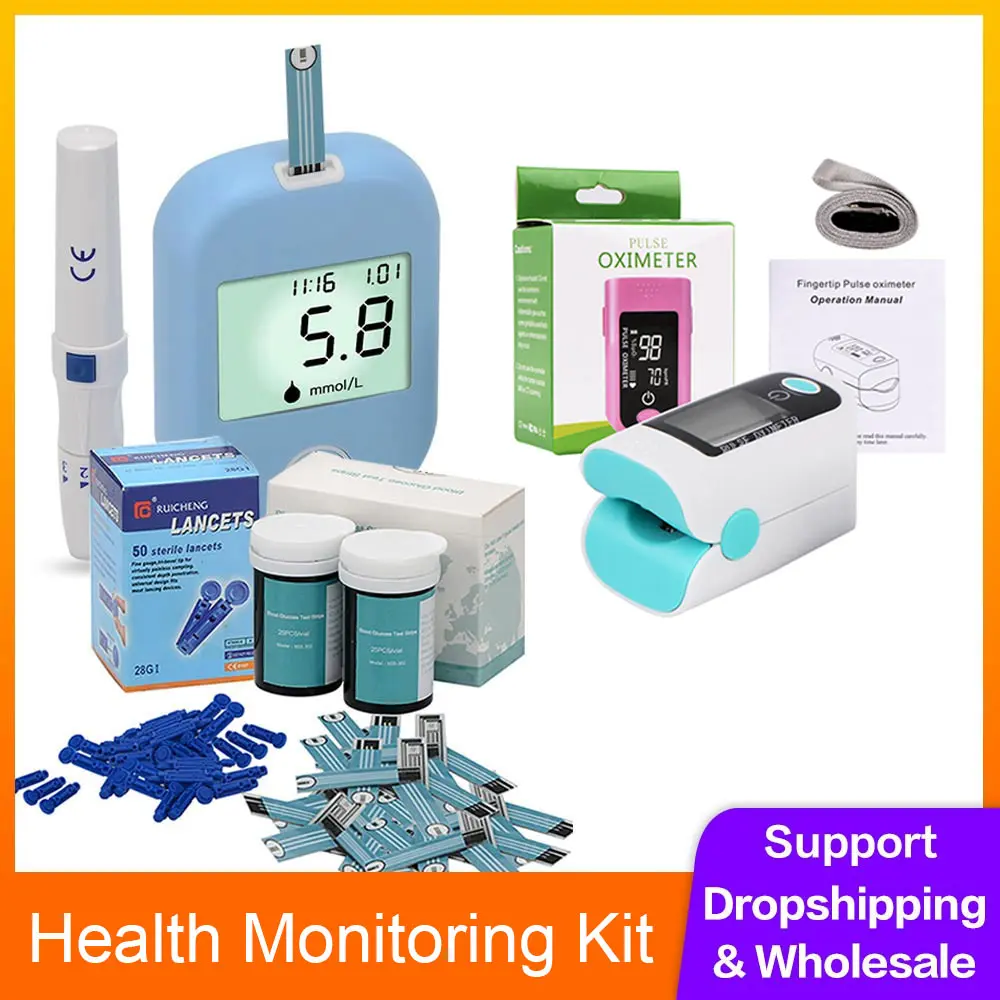 Blood Glucose Meter Finger Pulse Fingertip Oximeter Meter Measuring Blood Sugar Glucometer with Diabetic Test Strips Dropship