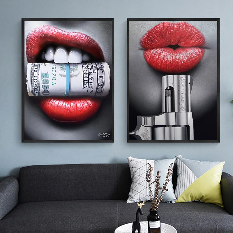 Настенные художественные принты плакаты сексуальные красные губы пистолет и
