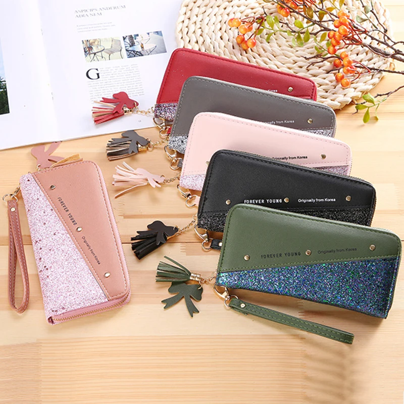 

YAMBUTO New Women's Wallet Long Zipper Gold Powder Female Student Stitching Hit Card Holder Tassel Wild Rivet Mobile Phone Bag