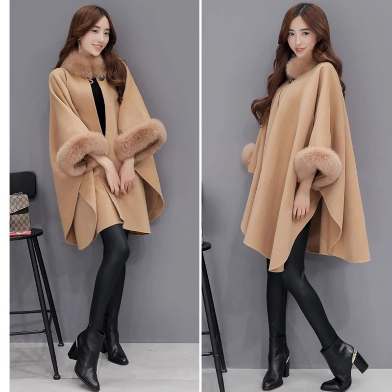 

Fashion Loose Faux Fox Fur Poncho Cape Coat Big Collar Shawl Cloak Cashmere BatSleeve Wraps Outerwear Women Winter Tops