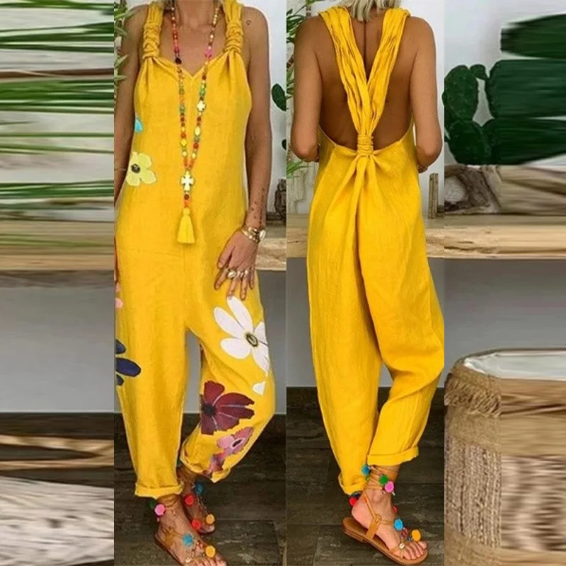 

Floral Print Jumpsuits Overalls For Women Size Sexy Backless Lady Casual Loose Streetwear Female Jumpsuit 5XL 2021 Summer