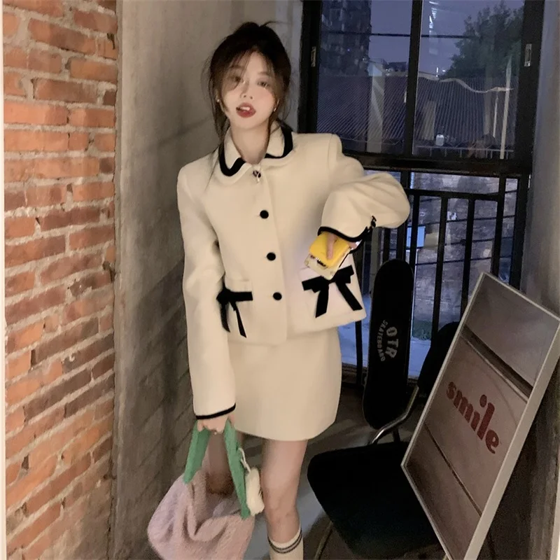 

Office Lady Vintage Elegant Suit Sweety Bow Pocket Single-breasted Full Sleeve Coat Cute Mini Skirt Woolen Cloth Two-piece Suit