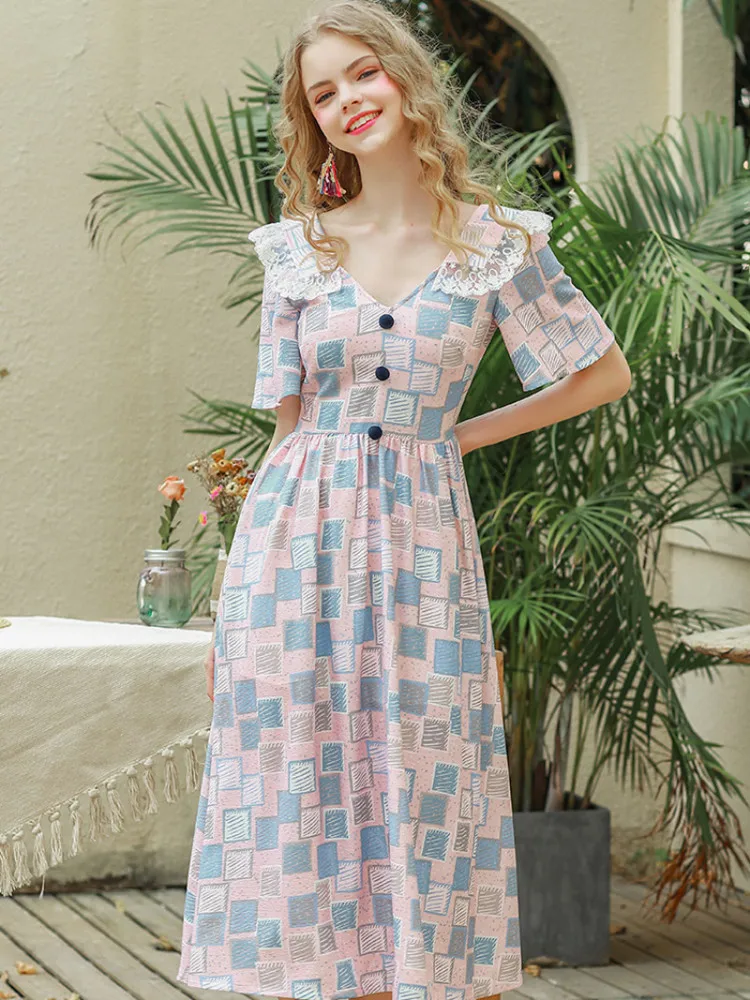 

First Love Dress Gentle French Literary Style Collared Medium Length Skirt V-neck Elastic High Waist Ruffled Butterfly Sleeve