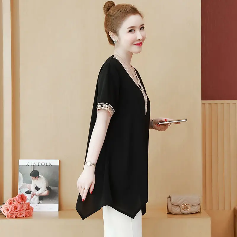 Новинка 2022 женская летняя блузка с коротким рукавом черная шифоновая рубашка