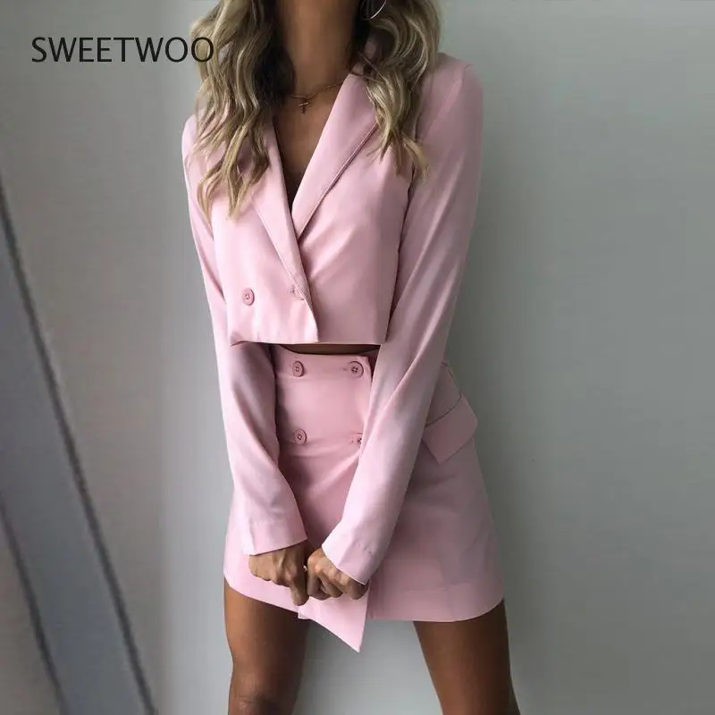 

Skirt Suit Women Office Short Blazer Suit A Line Skirt Sets 2021 Spring Long Sleeve Casual Slim Jacket Female