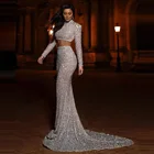 Женское вечернее платье-футляр, длинное серебристое платье с блестками и бисером, с длинным рукавом и шлейфом, для торжественных мероприятий и выпусквечерние вечера