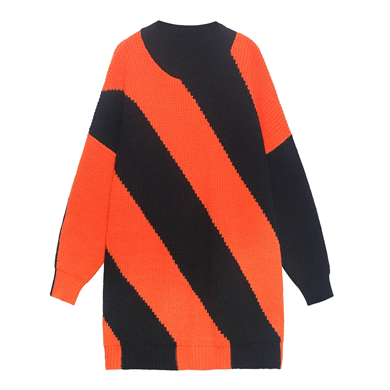 

XUXI Striped Sweater Women Loose Streetwear Pullover Fashion Medium Length Spring Autumn 2021 Thickened Knitted Bottom FZ3562