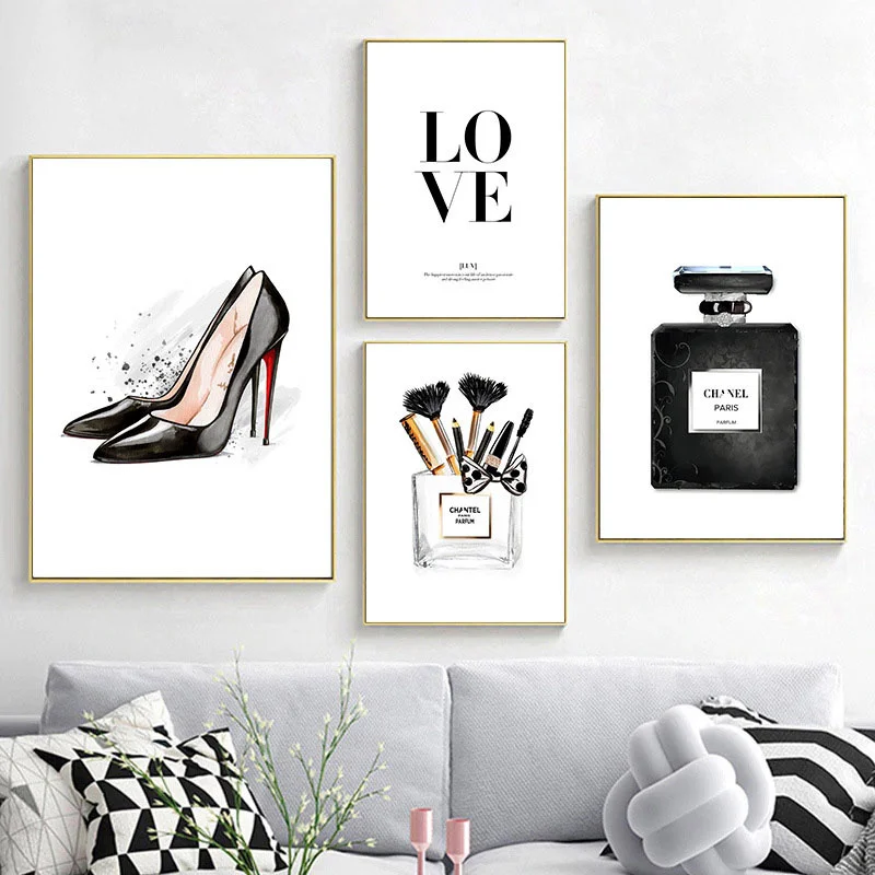 

Fashion Vogue Poster Perfume Bottle Wall Painting High Heel Canvas Print Black White Posters Coco Wall Picture Living Room Decor