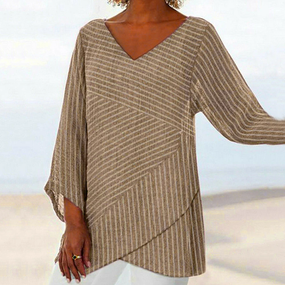 Женская полосатая блузка с длинным рукавом льняная мешковатая летняя модная