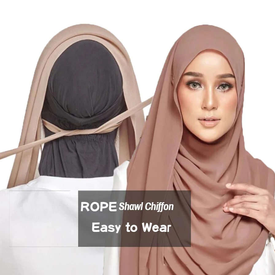 Fashion Style-lit Tie back  long Shawl Chiffon Hijab Rope Convenient Hijab Wrap Solid Color Muslim Hijabs Scarf Headscarf