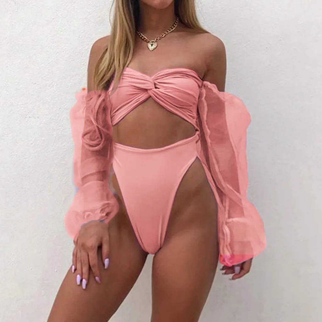 Купальник 2020 сексуальный сдельный для женщин Одноцветный с длинным рукавом в