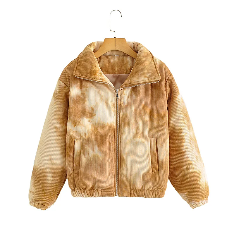 

Winter Women's Tie-dyed Corduroy Bread Jacket Warm Lapel Zipper Cotton Jacket Parkas