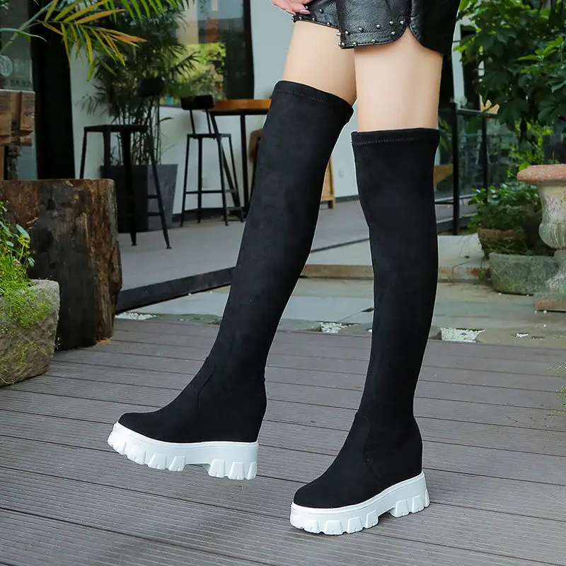 

Over-the-knee boots women's 2020 new autumn and winter plus velvet women's thick bottom increased elastic stovepipe boots