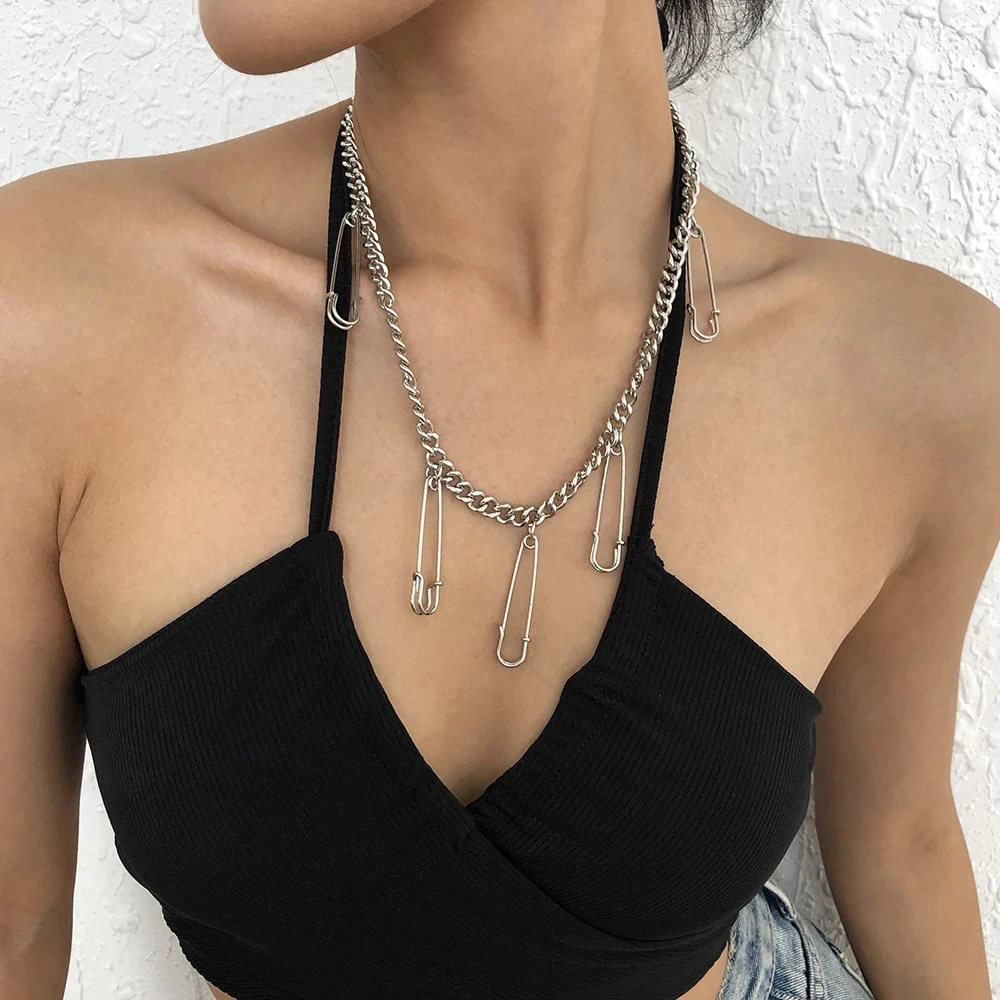 

Ghidbk Fashion Metal Punk Silver Color Needles Safety Pin Collar Chokers For Women Girls Rock Trendy Statement Necklaces Bijoux