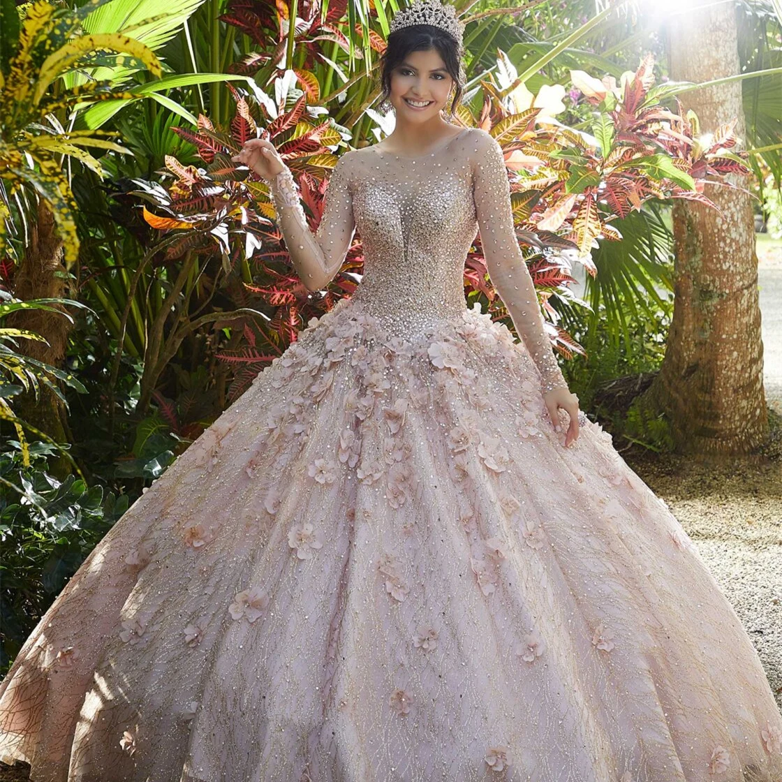 

Блестящие платья Quinceanera с длинным рукавом, милое бальное платье 16 Стразы, кружевные 3D цветы, блестки, бусины, принцесса, вечеринка для девоче...