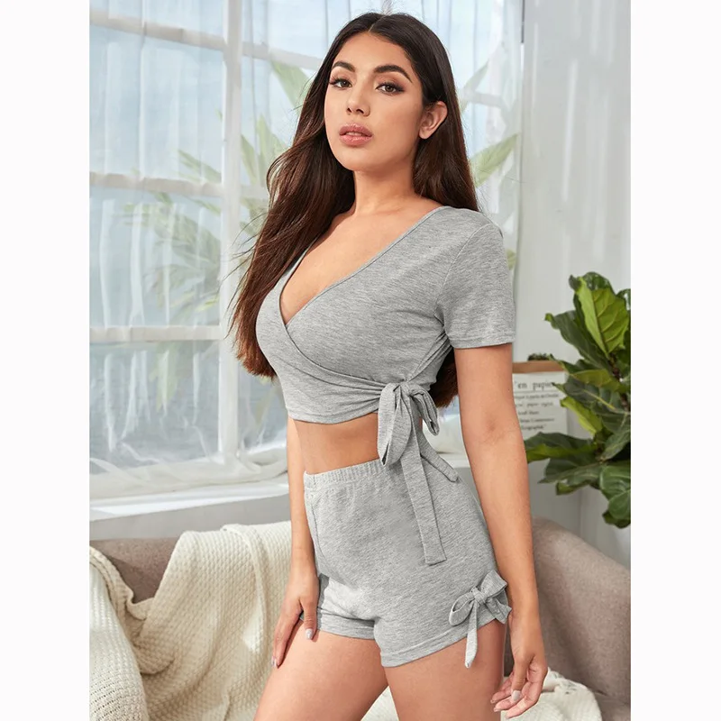 

European Hot Short Strap Bow V-neck Sexy Shirt Shorts Leisure Tops Pajamas Suit Cotton Solid Sleepwear Women Sexy Nightwear