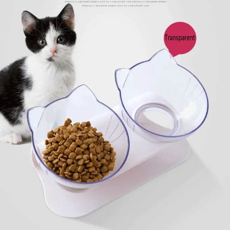 

Non-slip Food Bowl Pet Adjustable Tilting Bowl Cats Dogs Feeding Food Water Container Double Bowls Transparent Cat Ear Shape
