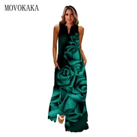 movokaka spring summer long dresses women sleeveless holiday beach casual vintage rose printed dresses woman party elegant dress