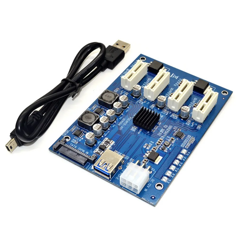 

1 Set PCI-E X1 to 4PCI-E X16 Expansion Kit 1 to 4 Port PCI Express Switch Multiplier HUB 6 Pin Sata USB Riser Card
