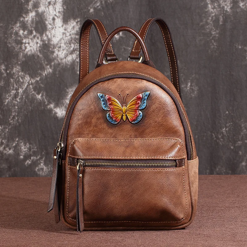 Женский рюкзак из натуральной кожи дорожный школьный в стиле ретро с тиснением |