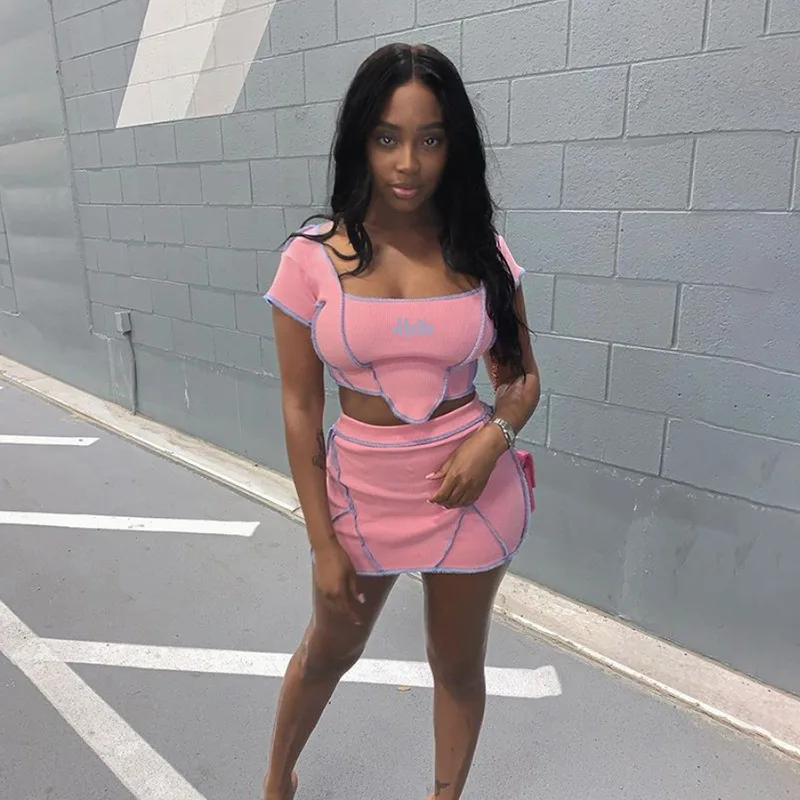 Double Strawberry Summer Short-sleeved letter emb Collar T-shirt High Waist Skinny Skirt Casual Suit Women Two Piece Outfits | Женская