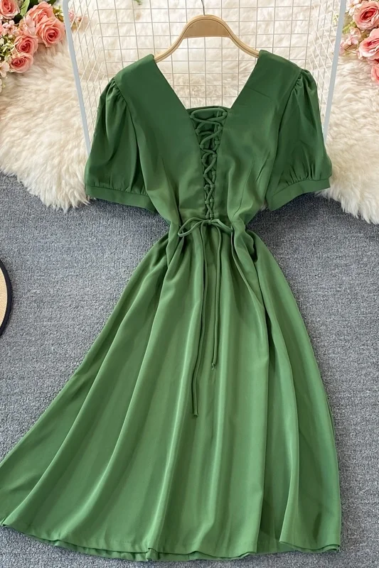 

French Women's Chest Drawstring Backless Dress Puff Short Sleeve Square Neck Ladies Vintage Green Waist Colse Dresses