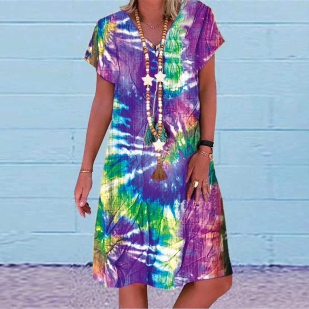 

Summer Tie-dye Boho Sundress Women Short Sleeve V Neck Casual Beach Dress Loose V Line Ladies Dresses Size 5XL 2021 New