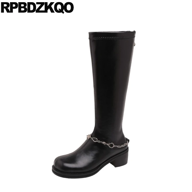 Женские высокие сапоги до колена черные эластичные ботильоны на молнии с