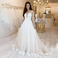 2022 elegant lace wedding dress a line appliqued v neck long sleeves vintage bridal gowns boho lady bride marriage dresses