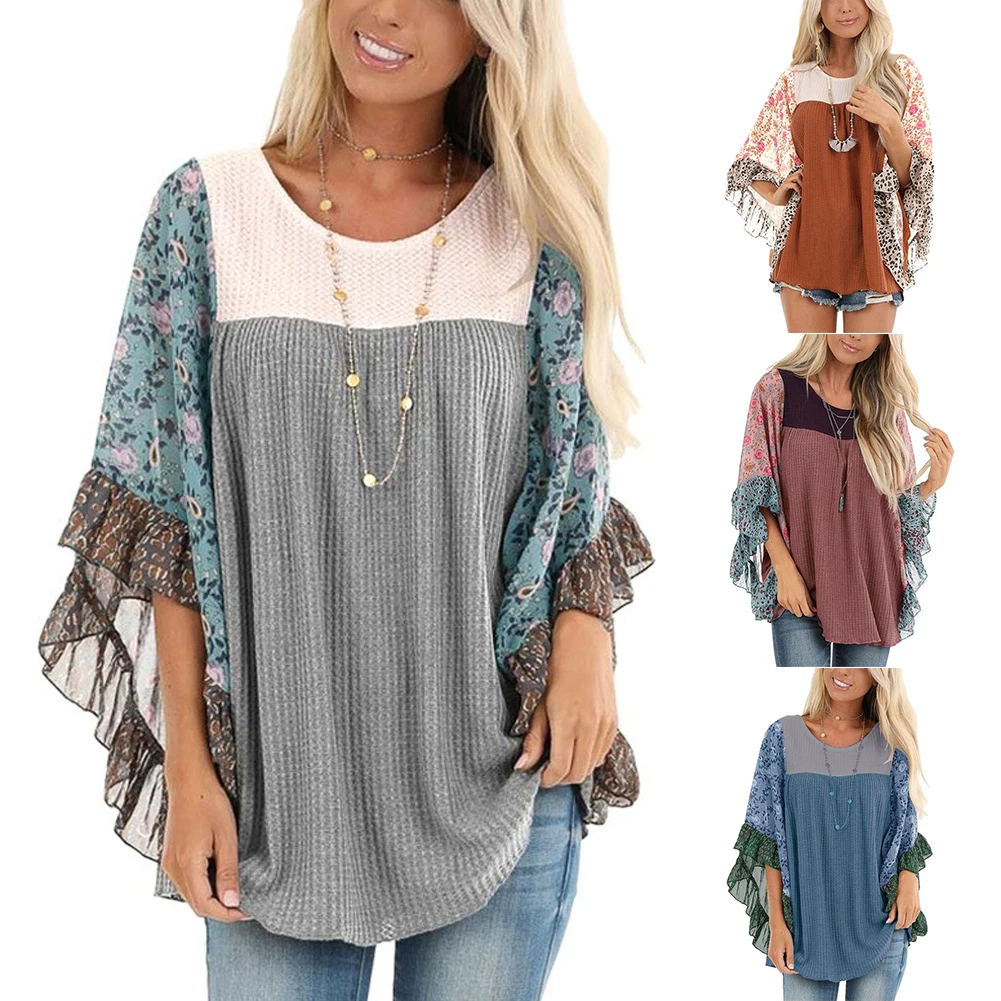 

Daily Patchwork Women Tops Printing Loose Bat Long Sleeve Spring Knitting Soft Pullover Autumn Winter Casual Crew Neck