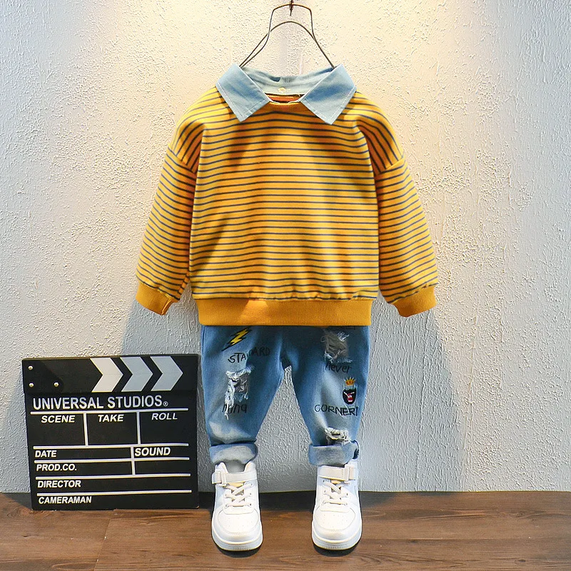 

Детский комплект одежды От 2 до 6 лет, футболка и штаны для мальчиков в полоску, хлопковый спортивный костюм, весенний спортивный костюм, повс...