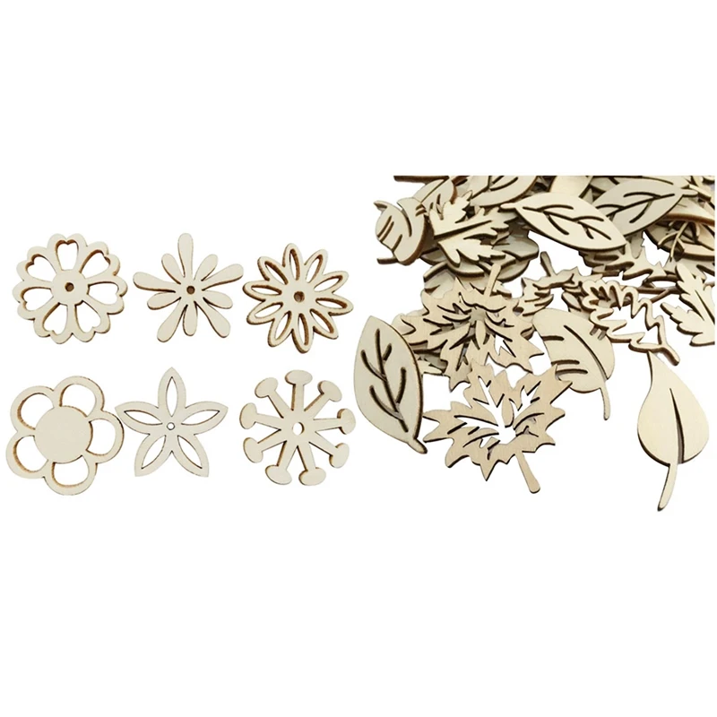 

200Pcs Wooden Pendants Unfinished Wood Chips With 100Pcs Wooden Leaf Shapes Wood Discs Slices