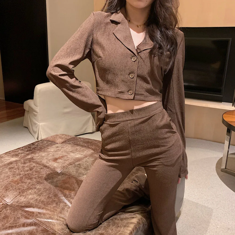 

2021 Spring Autumn Ins 2 pcs Women Set Solid Turn-down Collar Long sleeve Crop top + Solid Long Pant Sexy Party Outfit