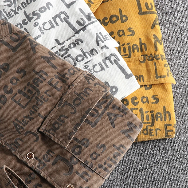 

Japanese Harajuku 100% Cotton Distressed Letter Print Pocketed Long Sleeve Button Up Corduroy Shirt for Men Plus Size