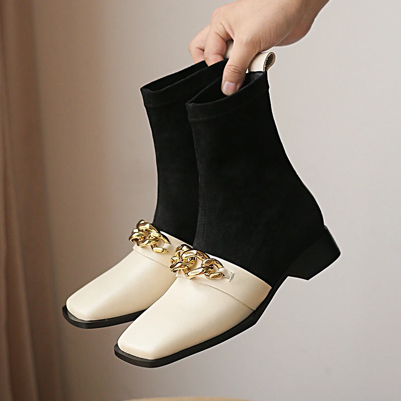 

2022 Ladies Casual Ladies Ankle Boots Autumn and Winter Simple Leather Knitted High Heels Basic Shoes with Metal Decoration