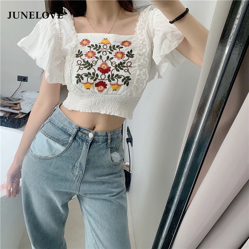 Luck A Women Blouse Ruffled Lace Floral Embroidered Jacquard Shirt Korean Chic Vintage Sweet Boho Crop Tops Blusas Mujer | Женская