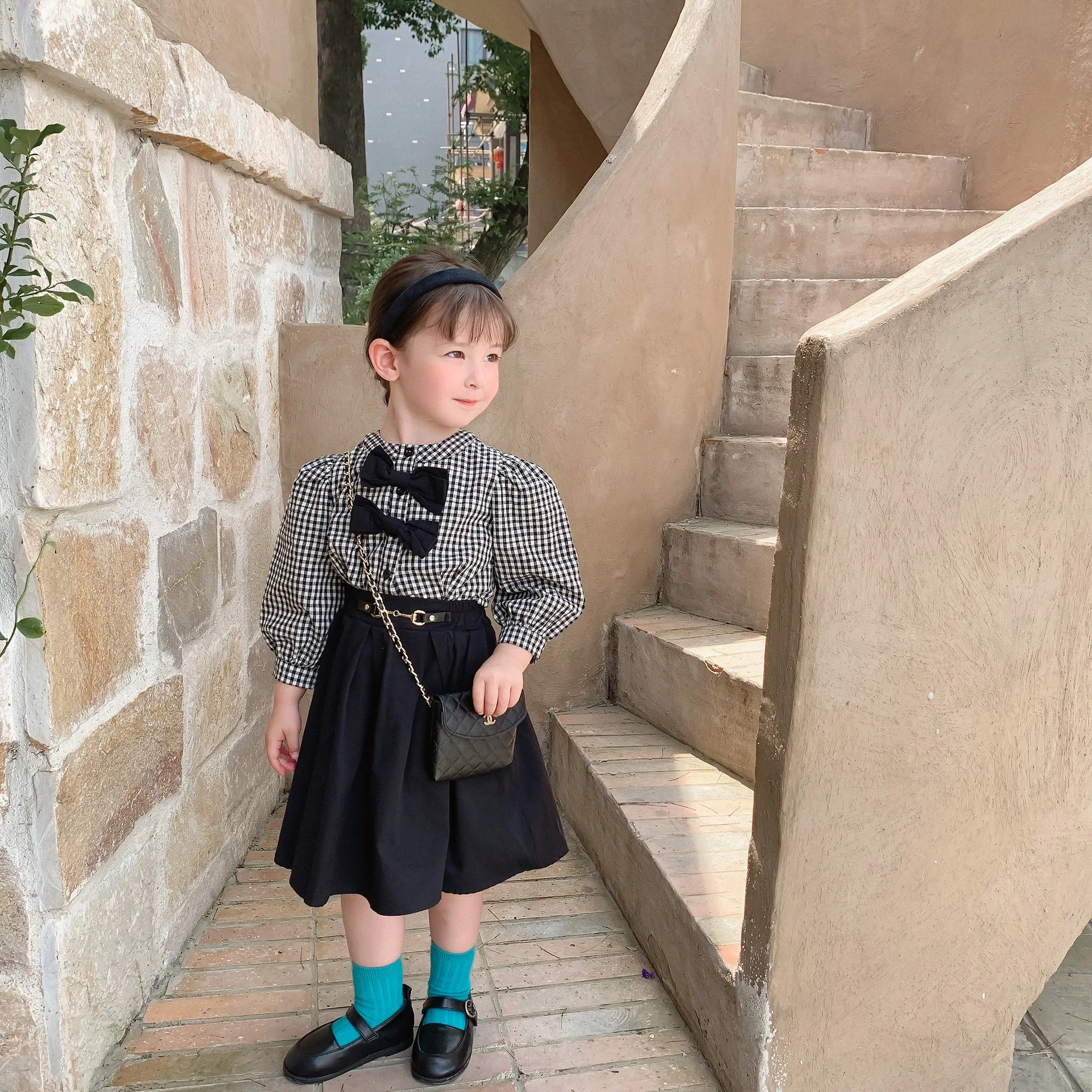 

Children's Clothing 2021 Autumn Girl Children's Skirt Suit Bow Western-style Plaid Top Children's Two-piece Suit