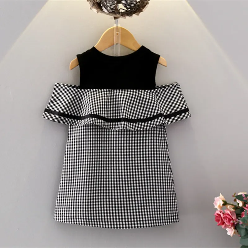 Платье для девочек с открытыми плечами черное летнее клетчатое Повседневное