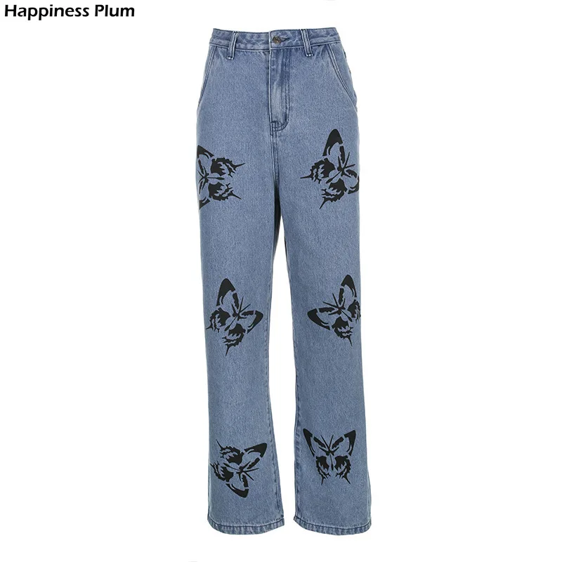 

Summer Fashion Cute Loose SML Print Butterfly Straight Jeans High Waist Woman Casual Denim Pants Lady Cotton Jeans Trousers