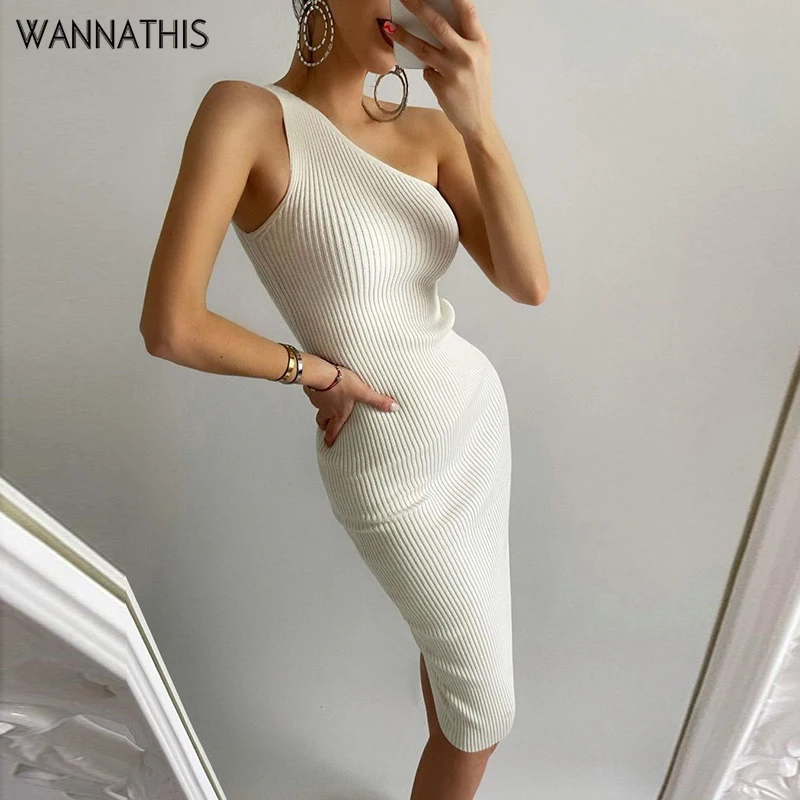 

WannaThis Knitted Knee-Length Womens Dresses Sleeveless One Shoulder Elegant Bodycon Sexy Casual Solid Basic Long Dresses 2021