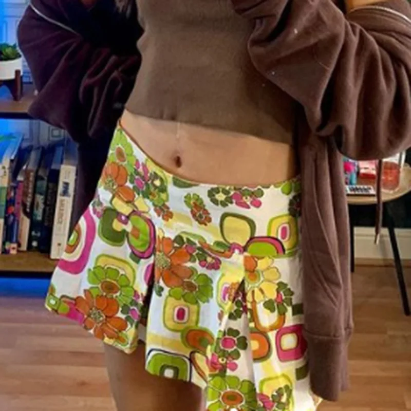 

Floral Pleated Skirts y2k Aesthetic Mini Skirts Women Vintage Fashion Short Skirts 2021 Summer Beach Skirts Harajuku