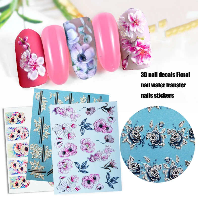 1 лист 5D переводные наклейки для ногтей аппликация рельефная Цветочная серия