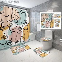 34pcs artistic abstract bathroom rug set human face line pedestal rug lid toilet cover bath mat home shower curtain set decor