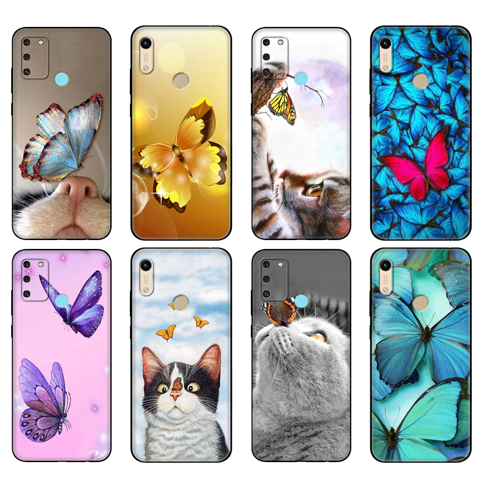 Черный чехол из ТПУ для Honor 8a Prime 8s 9 10X Lite 9A 9C 9X Premium Pro 9S, чехол-бабочка с подставкой на кошачьем носу