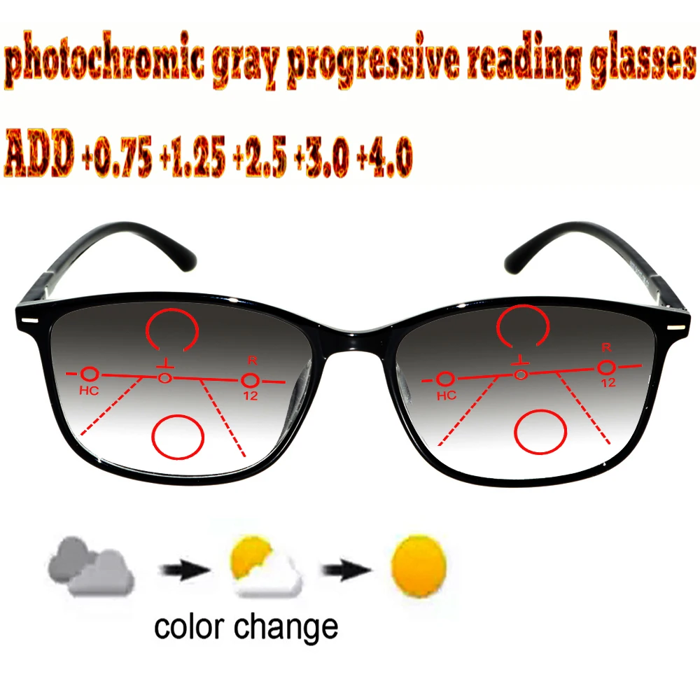 

Photochromic Gray Progressive Multifocal Reading Glasses Men Woem Ultralight Black Frame+1.0 +1.5 +1.75 +2.0 +2.5 +3 +3.5 +4